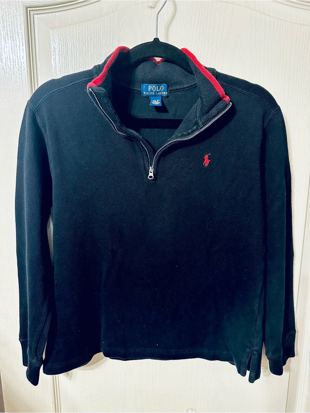 Polo by Ralph Lauren Black Quarter-Zip Sweater with Red Trim and Logo